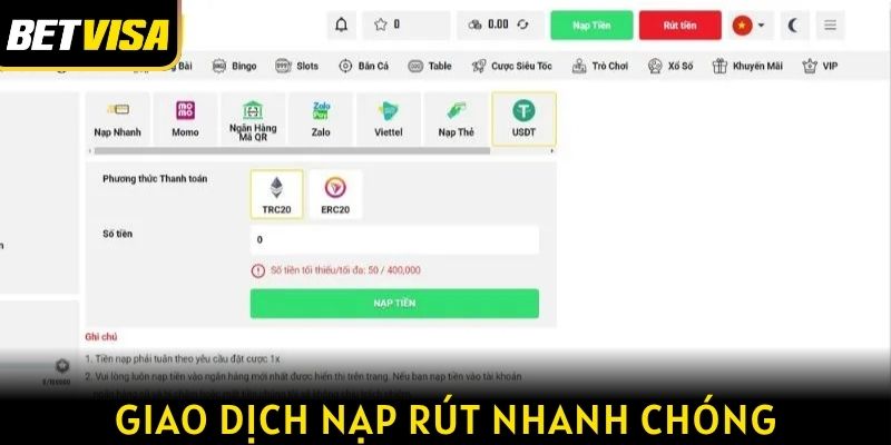 Giao dịch nạp rút nhanh chóng khi thực hiện tại Bet visa
