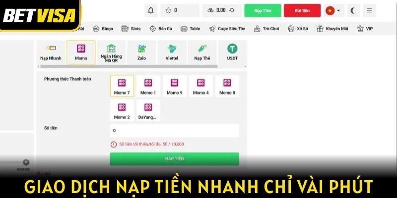 Giao dịch nạp tiền thực hiện nhanh chỉ trong vài phút